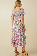 HY7095 Purple Womens Retro Floral Smocked Square Neck Dress Back