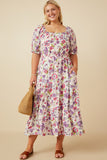 HY7095 Purple Womens Retro Floral Smocked Square Neck Dress Full Body