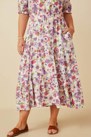 HY7095W Purple Womens Retro Floral Smocked Square Neck Dress Gif