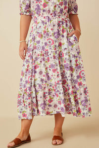 HY7095W Purple Womens Retro Floral Smocked Square Neck Dress Gif