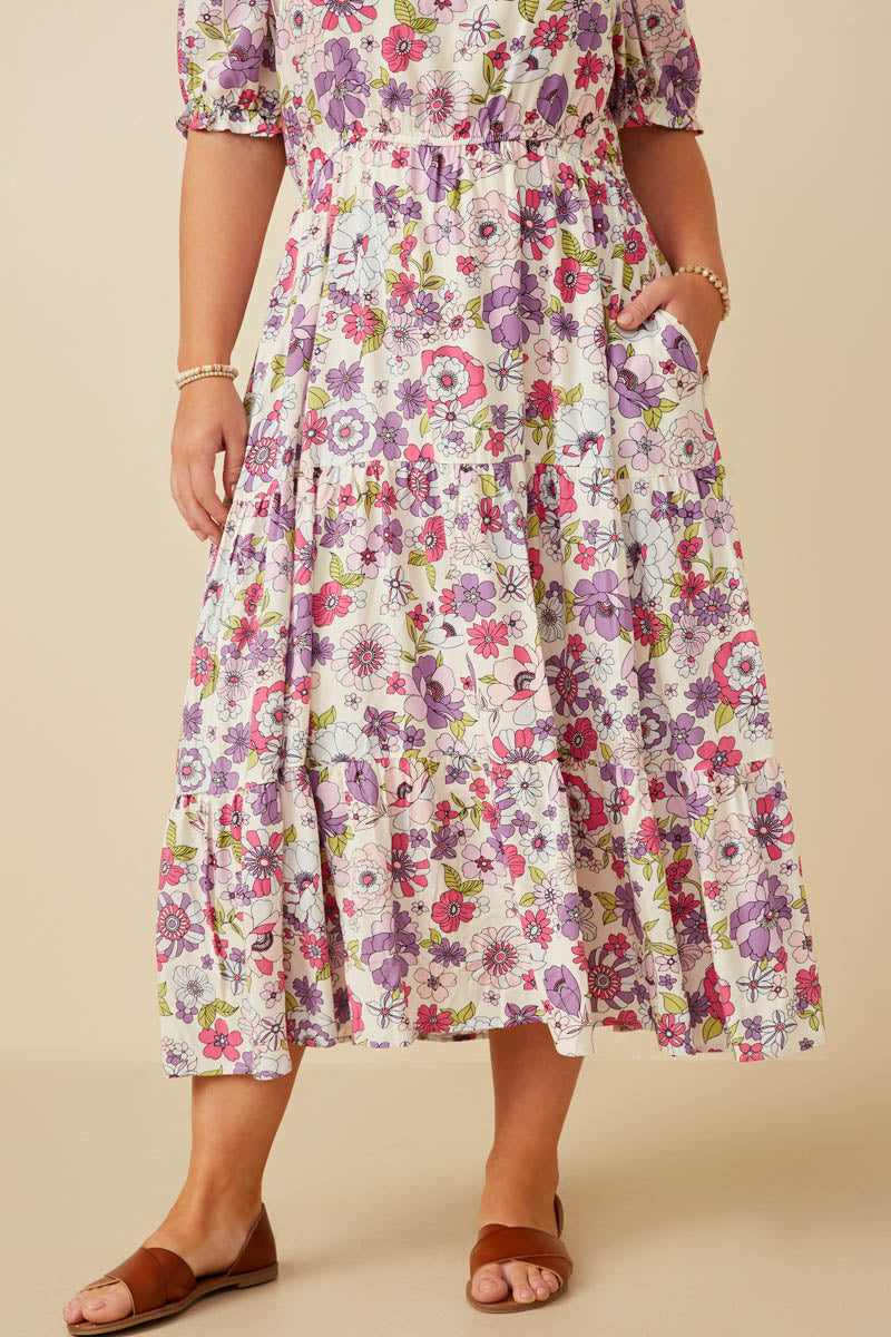 HY7095W Purple Womens Retro Floral Smocked Square Neck Dress Gif