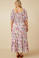 HY7095W Purple Womens Retro Floral Smocked Square Neck Dress Detail