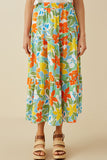 HY7097 Blue Mix Womens Vivid Floral Elastic Waist Tiered Skirt Front
