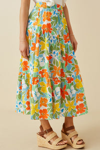 HY7097 Blue Mix Womens Vivid Floral Elastic Waist Tiered Skirt Side