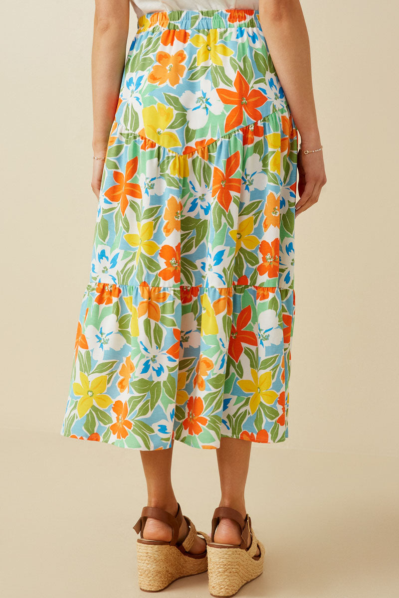 HY7097 Blue Mix Womens Vivid Floral Elastic Waist Tiered Skirt Back