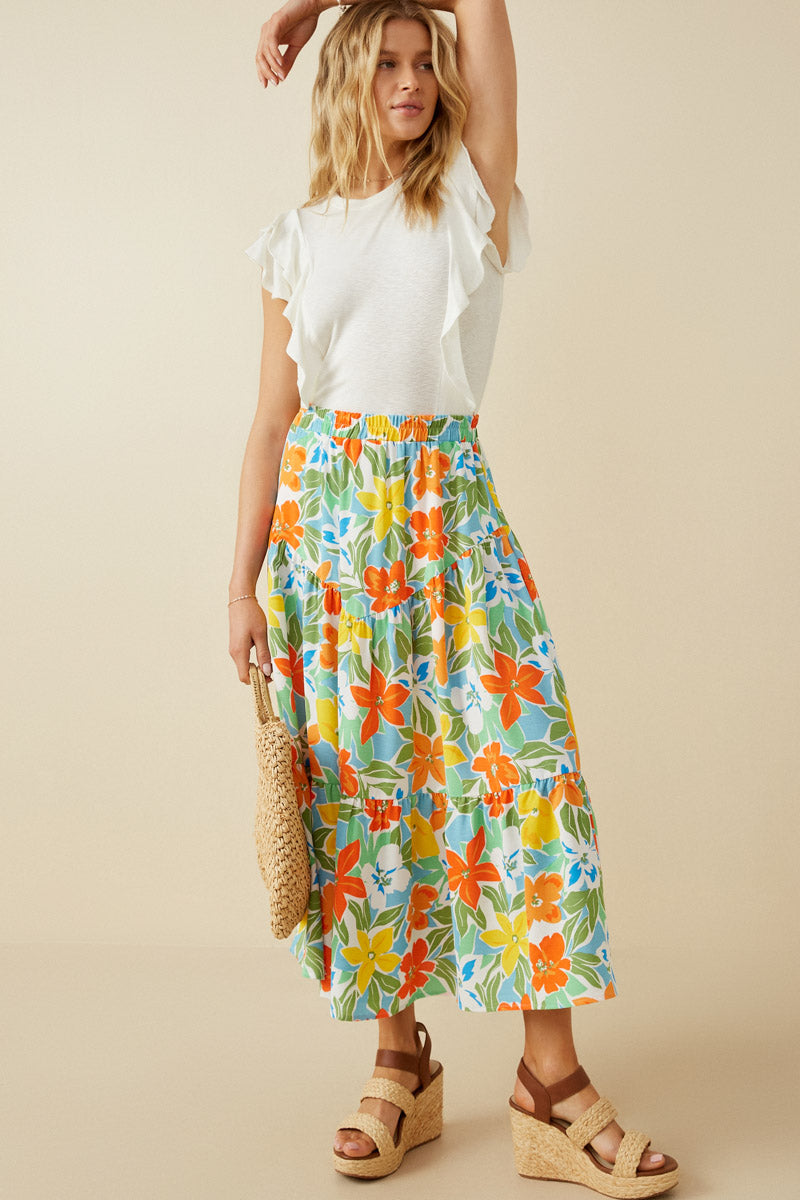 HY7097 Blue Mix Womens Vivid Floral Elastic Waist Tiered Skirt Full Body