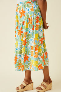 HY7097W Blue Mix Plus Vivid Floral Elastic Waist Tiered Skirt Side