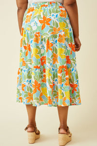 HY7097W Blue Mix Plus Vivid Floral Elastic Waist Tiered Skirt Back