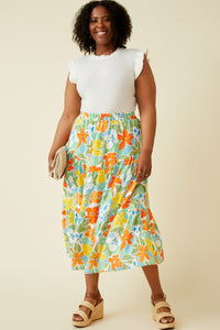 HY7097W Blue Mix Plus Vivid Floral Elastic Waist Tiered Skirt Full Body