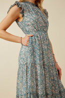 HY7101 Teal Womens Botanical Print Ruffle Detail Chiffon Dress Detail