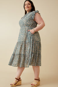 HY7101W Teal Plus Botanical Print Ruffle Detail Chiffon Dress Back