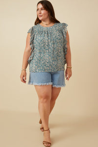 HY7115 TEAL Womens Antique Botanical Paisley Ruffle Top Back