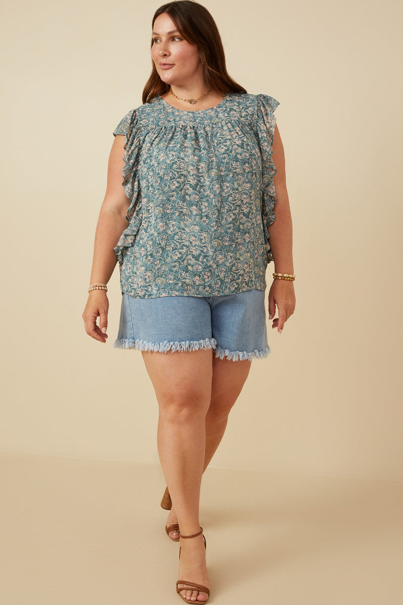 HY7115 TEAL Womens Antique Botanical Paisley Ruffle Top Back