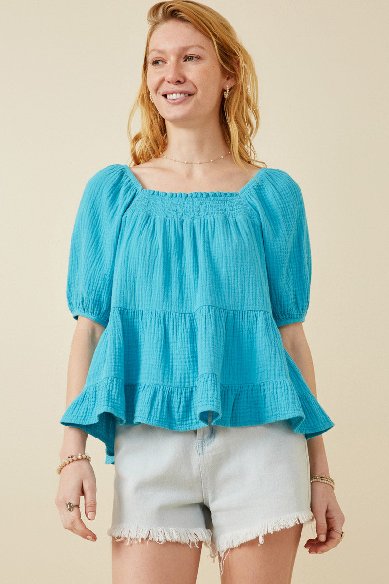 Washed Smock Detail Puff Sleeve Gauze Top