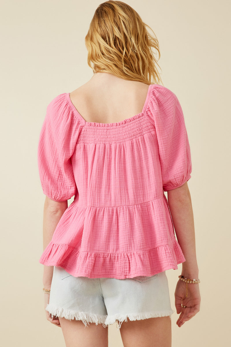 HY7118 PINK Womens Washed Smock Detail Puff Sleeve Gauze Top Side