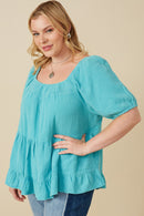 HY7118W Blue Plus Washed Smock Detail Puff Sleeve Gauze Top Front 2