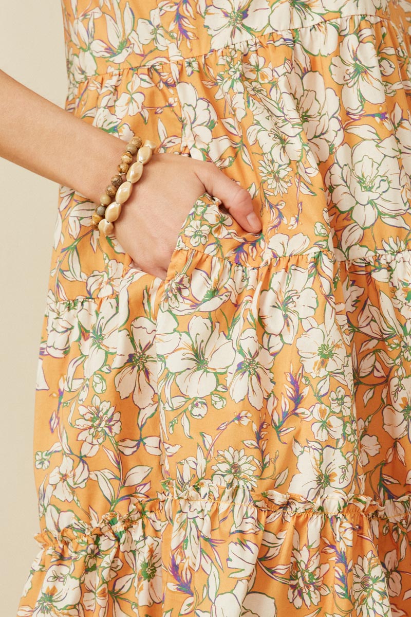 HY7119 Orange Womens Floral Print Ruffled Neck Tiered Tank Dress Detail