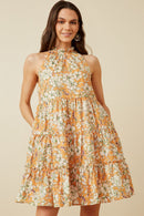 HY7119 Orange Womens Floral Print Ruffled Neck Tiered Tank Dress Front 2