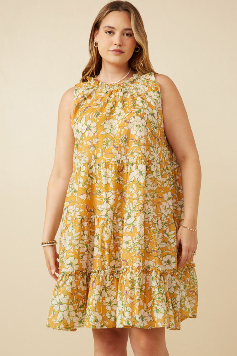 Floral Print Ruffled Neck Tiered Tank Dress