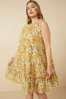 HY7119W Orange Plus Floral Print Ruffled Neck Tiered Tank Dress Back