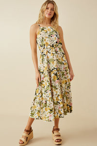 HY7124W Yellow Plus Floral Print Tiered Skirt Cami Dress Full Body