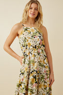 HY7124 Yellow Mix Womens Floral Print Tiered Skirt Cami Dress Front