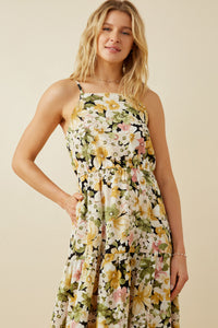 HY7124 Yellow Mix Womens Floral Print Tiered Skirt Cami Dress Front