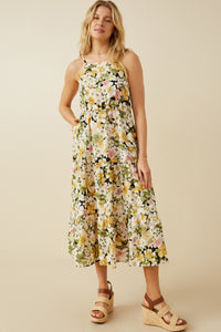 HY7124 Yellow Mix Womens Floral Print Tiered Skirt Cami Dress Full Body 2