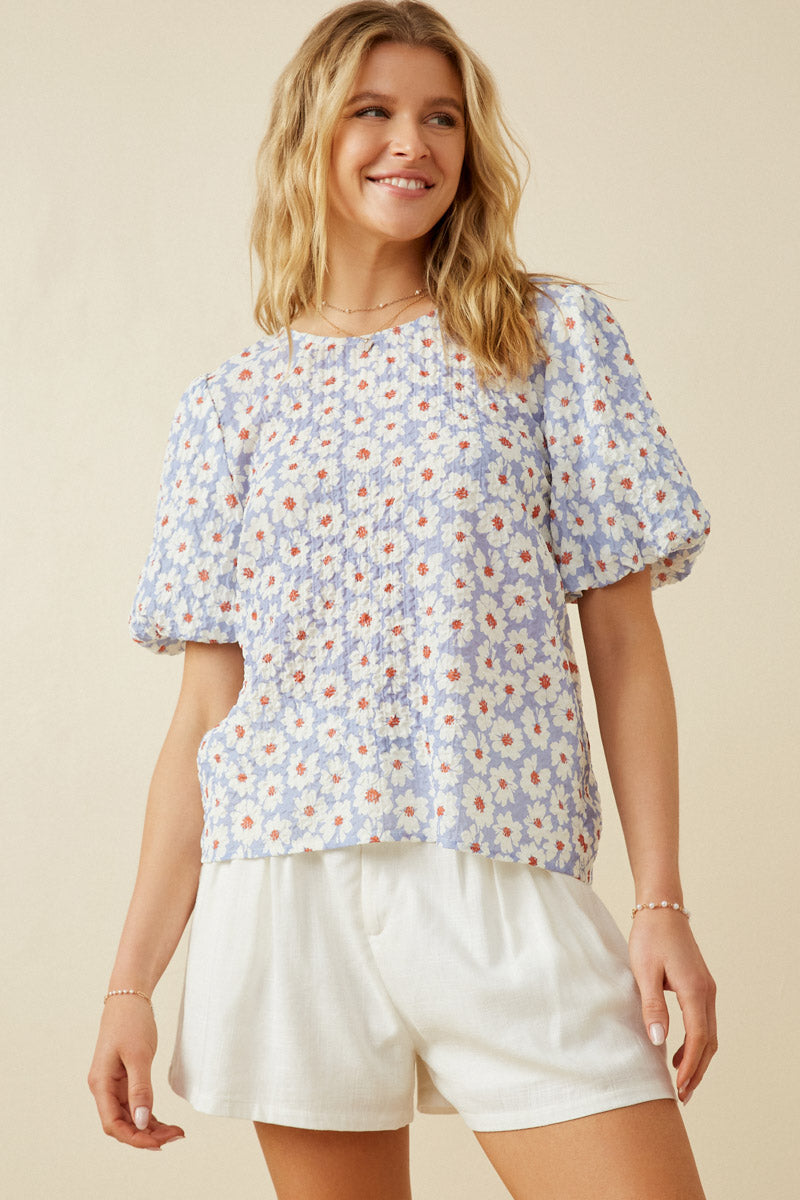 Textured Daisy Print Puff Sleeve Top