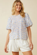 HY7127 Lavender Womens Textured Daisy Print Puff Sleeve Top Front