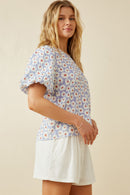 HY7127 Lavender Womens Textured Daisy Print Puff Sleeve Top Side