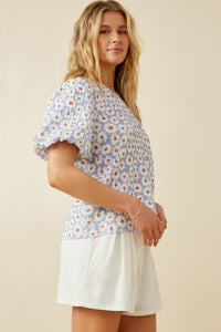 HY7127 Lavender Womens Textured Daisy Print Puff Sleeve Top Side