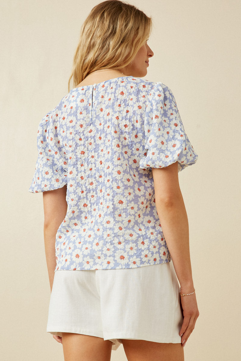 HY7127 Lavender Womens Textured Daisy Print Puff Sleeve Top Back