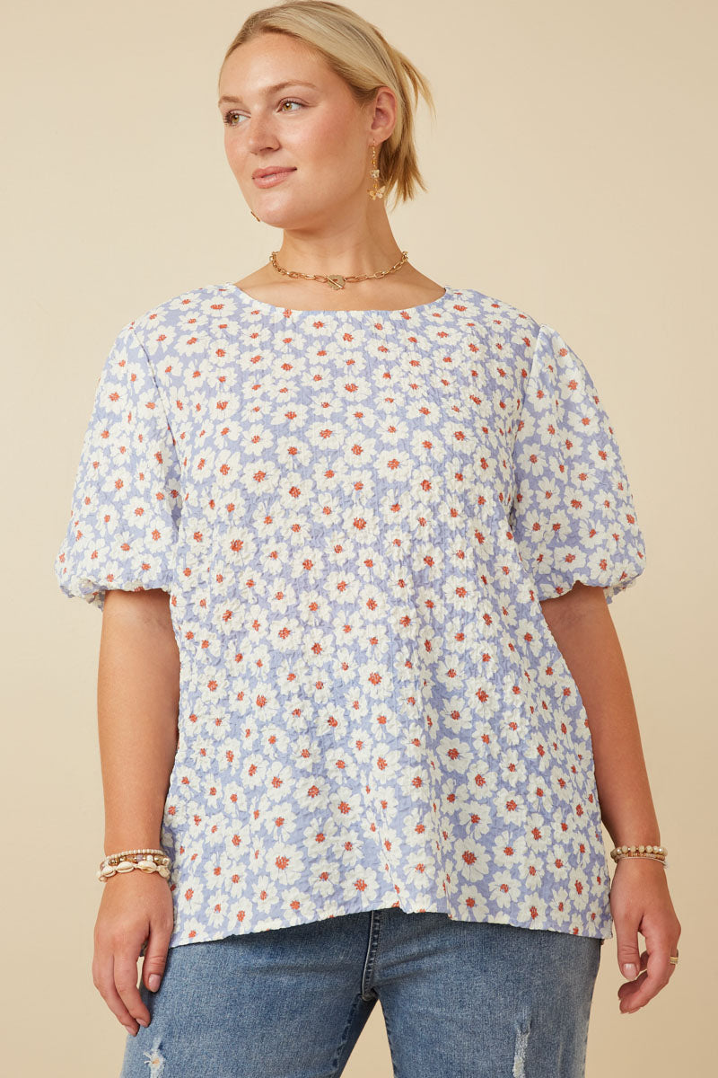 Textured Daisy Print Puff Sleeve Top