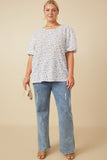 HY7127W Lavender Womens Textured Daisy Print Puff Sleeve Top Gif