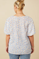 HY7127W Lavender Womens Textured Daisy Print Puff Sleeve Top Detail