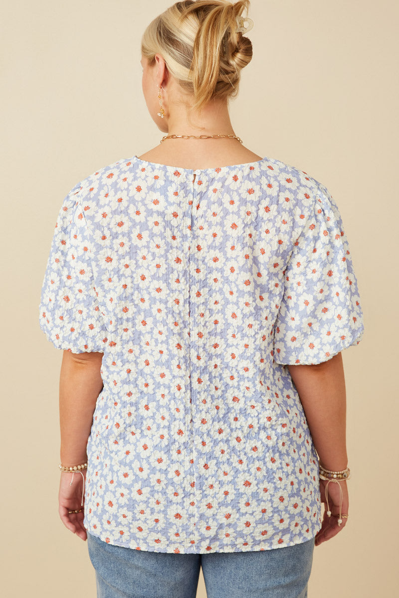 HY7127W Lavender Womens Textured Daisy Print Puff Sleeve Top Detail