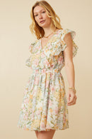 HY7131 Off White Womens Soft Floral Ruffle Detail Suprlice Dress Gif