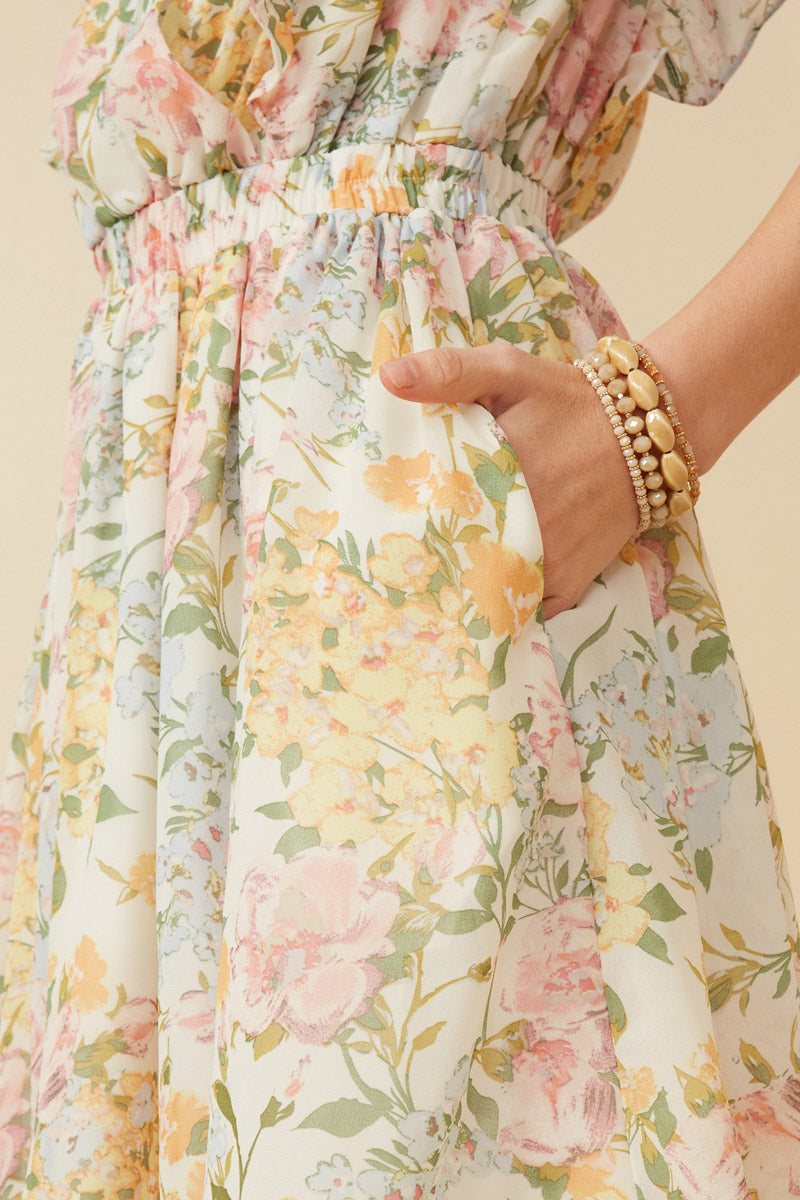 HY7131 Off White Womens Soft Floral Ruffle Detail Suprlice Dress Side