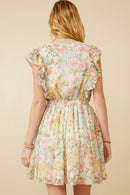 HY7131 Off White Womens Soft Floral Ruffle Detail Suprlice Dress Detail