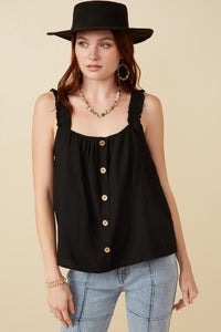 HY7135 Black Womens Button Detail Ruffle Strap Tank Front
