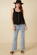 HY7135W BLACK Plus Button Detail Ruffle Strap Tank Front