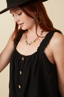 HY7135 Black Womens Button Detail Ruffle Strap Tank Gif