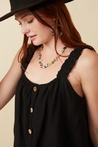 HY7135 Black Womens Button Detail Ruffle Strap Tank Gif