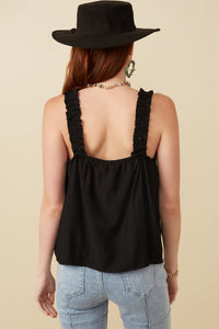 HY7135 Black Womens Button Detail Ruffle Strap Tank Full Body