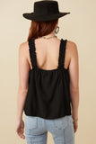 HY7135 Black Womens Button Detail Ruffle Strap Tank Full Body