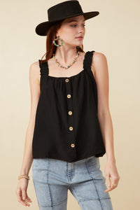 HY7135 Black Womens Button Detail Ruffle Strap Tank Detail