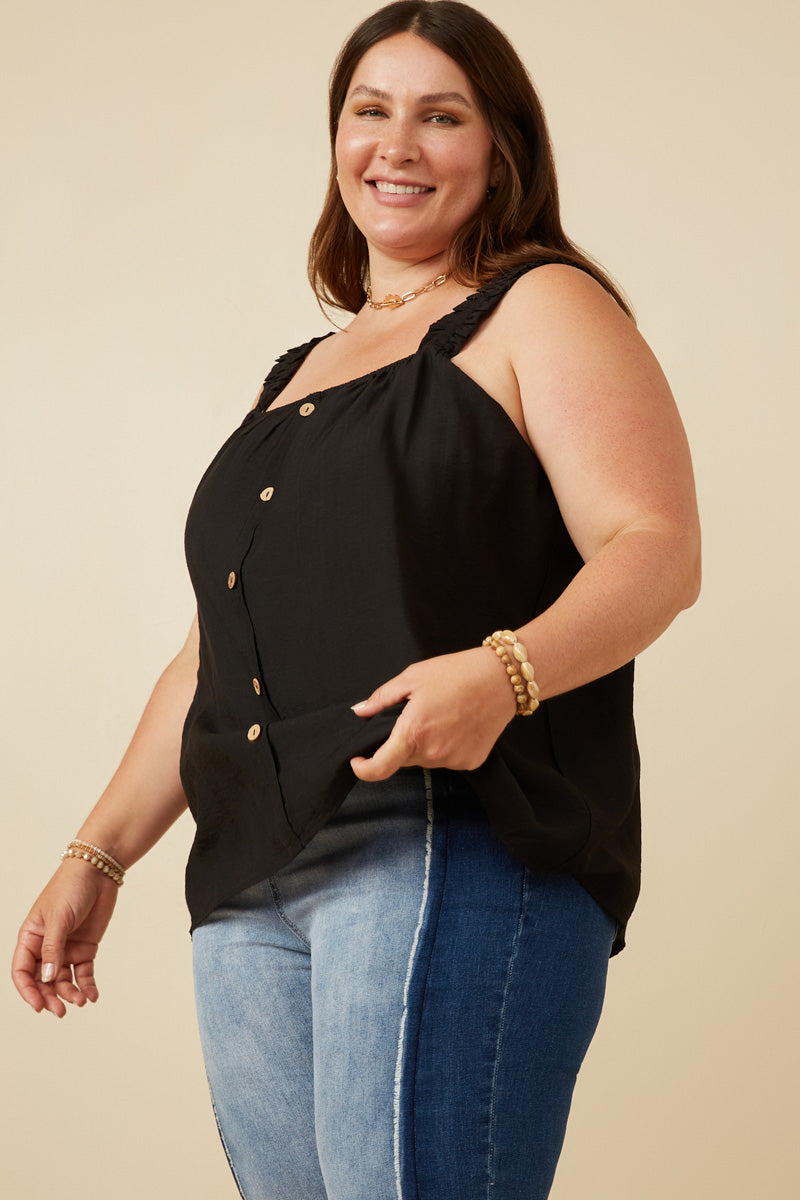HY7135 Black Womens Button Detail Ruffle Strap Tank Front 2