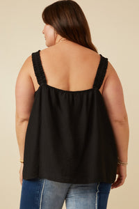 HY7135W BLACK Plus Button Detail Ruffle Strap Tank Gif
