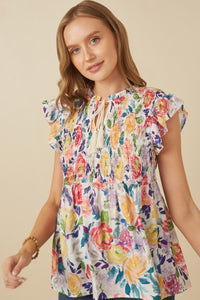 HY7138 Lavender Mix Womens Romantic Floral Smocked Tassel Top Front